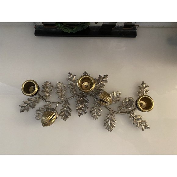 Silver & Gold Tone Horizontal Candlestick Stick Holder Leaf w Hazelnut Design - Picture 10 of 16